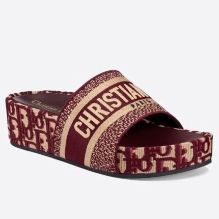 Dior Dway Slides In Bordeaux Oblique Embroidered Cotton